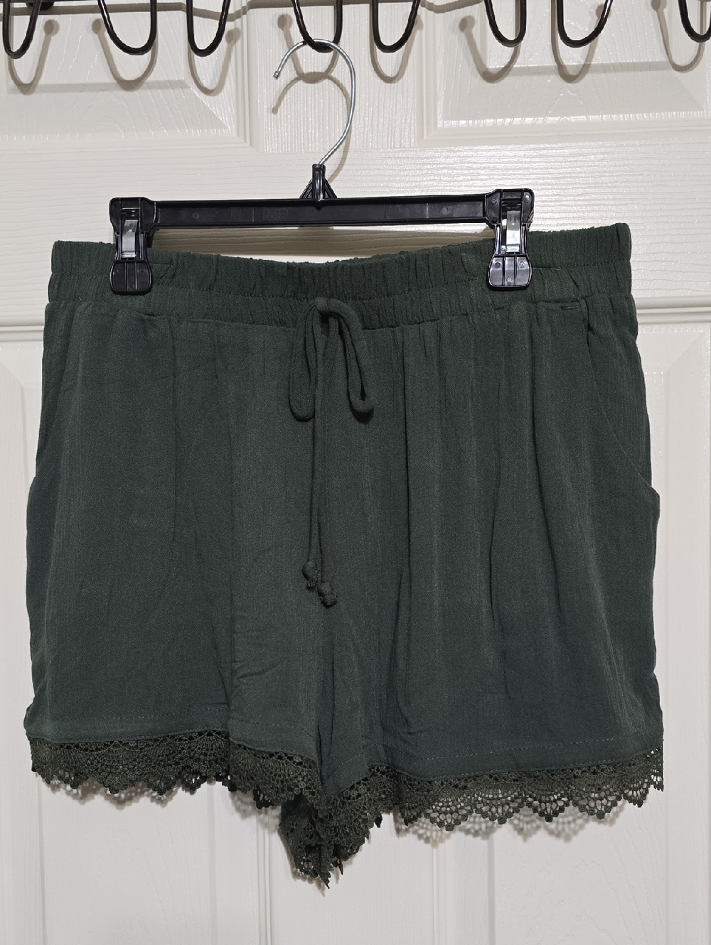 Kingston Olive Green High-Waist Lace Trim Drawstring Shorts